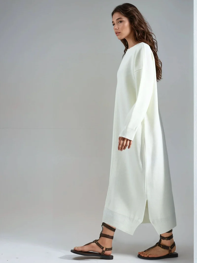 MY FASHION Dusty White MY FASHION Textured Ribbed Long Knit Dress with Slit Detail for Women | Best Price UAE